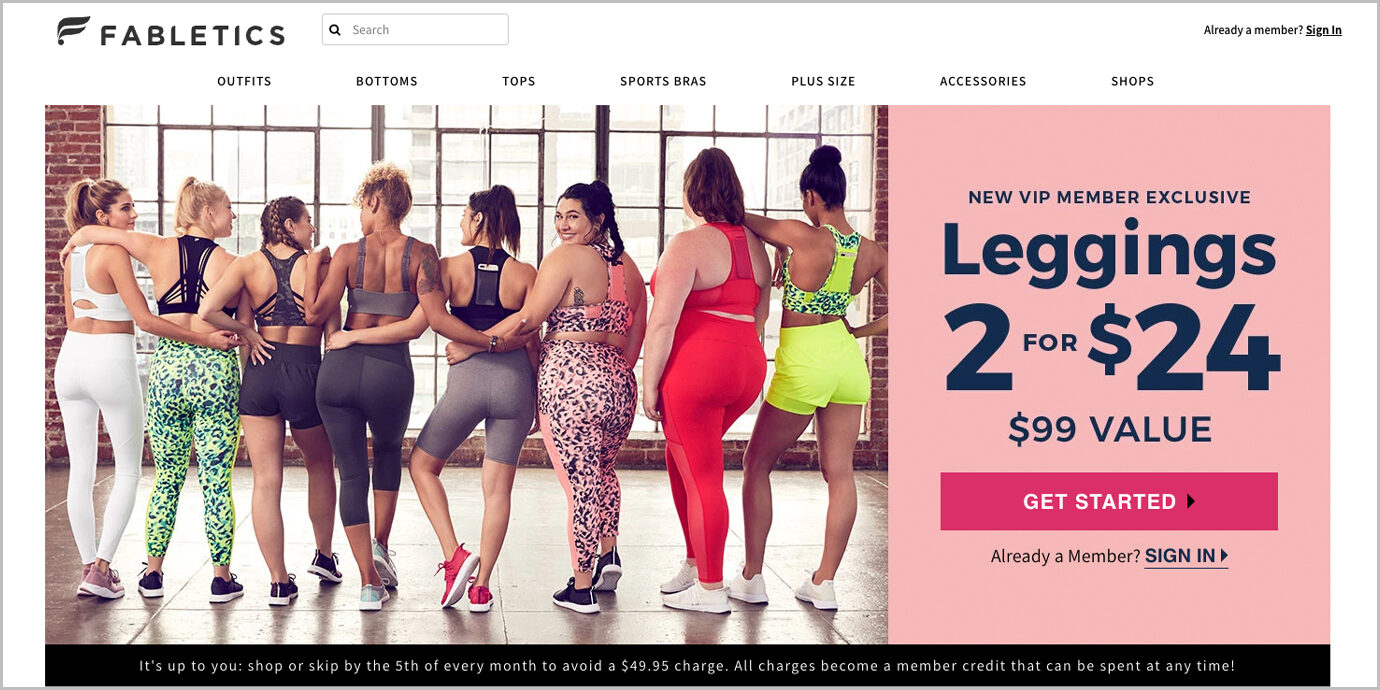 Fabletics offering a 'VIP Offer' (that charges you $50/month